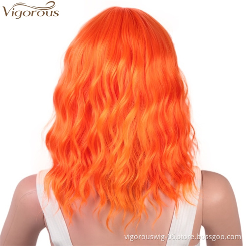 Vigorous Good Quality 14 Inches Female Short Wavy Synthetic Bob Wigs With Bangs Synthetic Heat Resistant Fiber Cosplay Wig